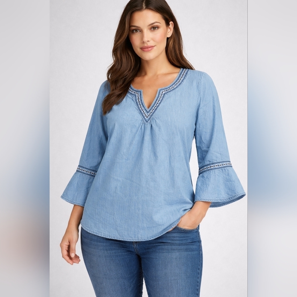 New Directions Chambray Boho Embroidered Bell Sleevew Blouse Top Medium